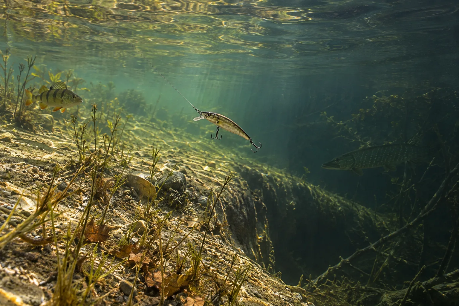 Воблер на межі світла й тіні у прозорій осінній воді